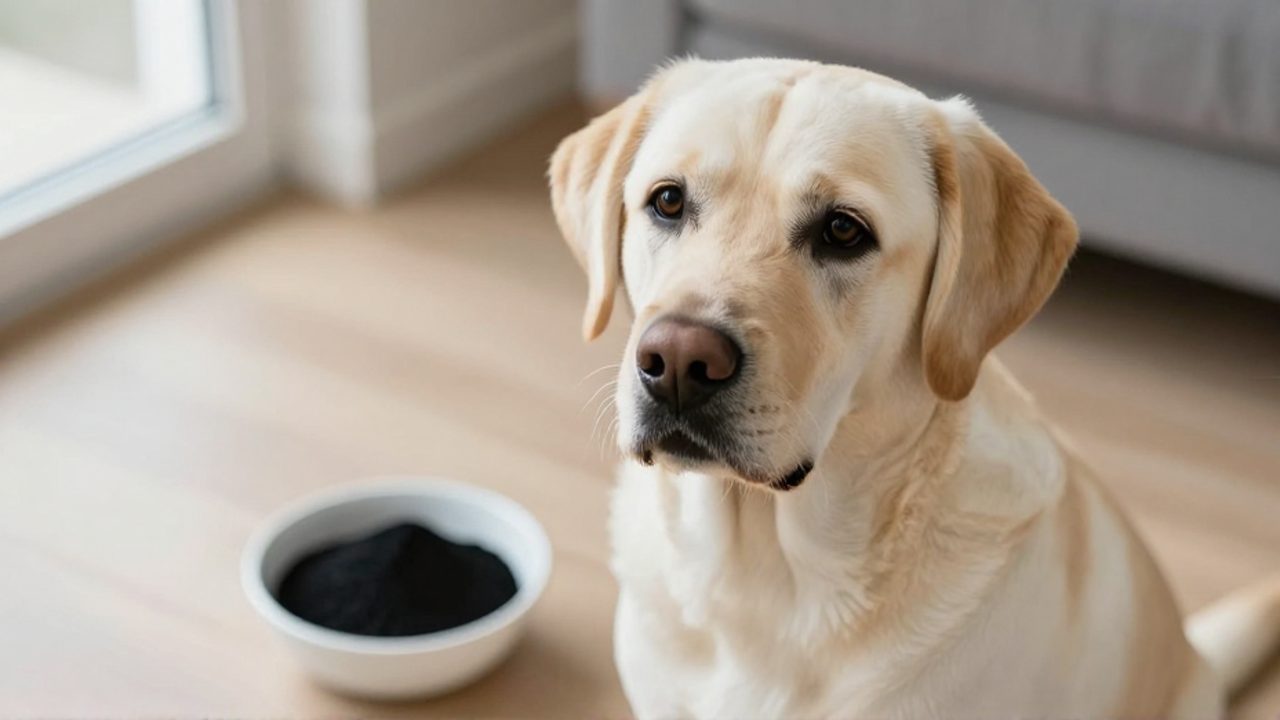 Un perro labrador tranquilo sentado junto a un cuenco con carbón activado en polvo sobre un suelo de madera.