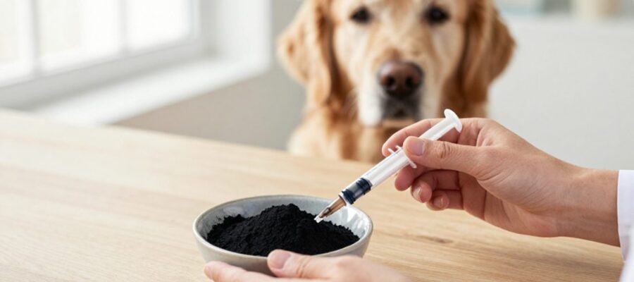 Manos preparando una solución con carbón activado en polvo y una jeringuilla junto a un perro Golden Retriever que observa tranquilamente.