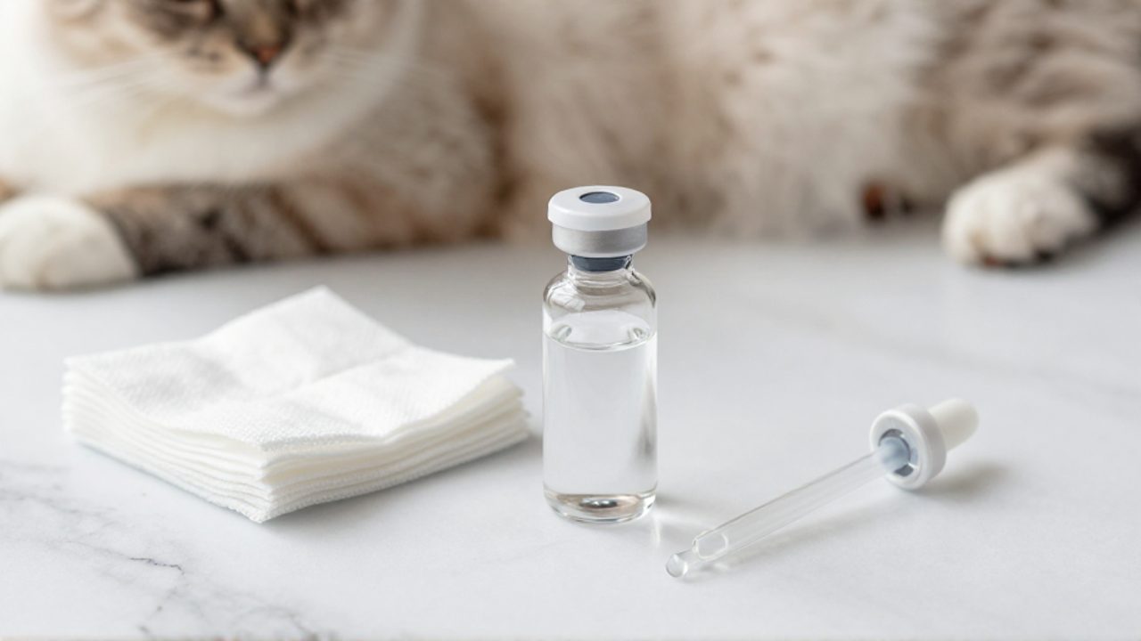 Un vial de suero fisiológico, gasas estériles y un gotero dispuestos sobre una superficie blanca con un gato descansando al fondo.