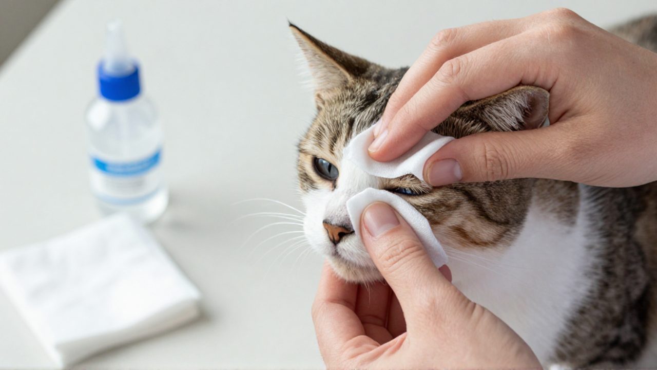 Una persona limpia con una gasa empapada en suero fisiológico la comisura del ojo de un gato tranquilo.