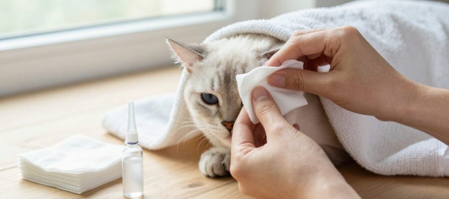 Unas manos limpian con cuidado el ojo de un gato tranquilo utilizando una gasa empapada en suero fisiológico.