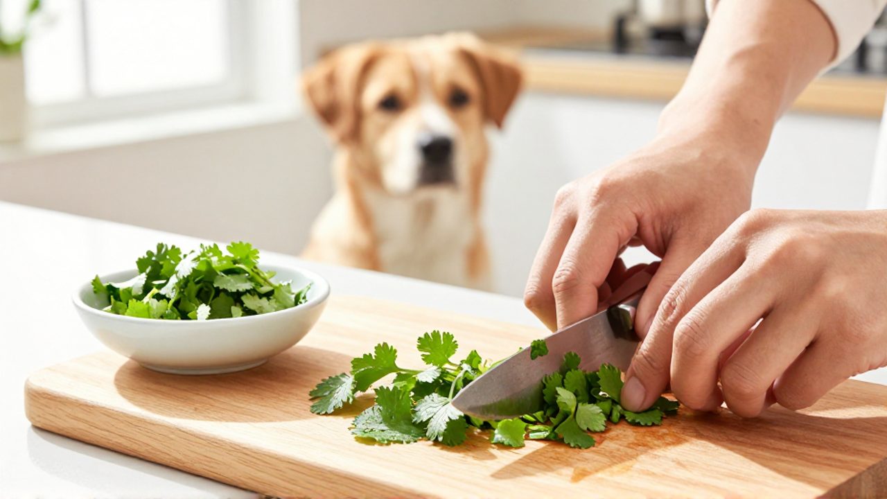 Unas manos pican cilantro fresco sobre una tabla de madera mientras un perro espera con atención al fondo de una cocina iluminada.
