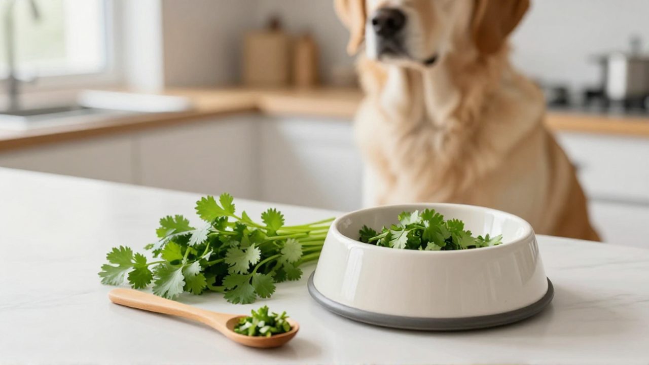 Perro sentado junto a un cuenco de comida y una pequeña porción de cilantro fresco picado sobre una encimera de cocina.