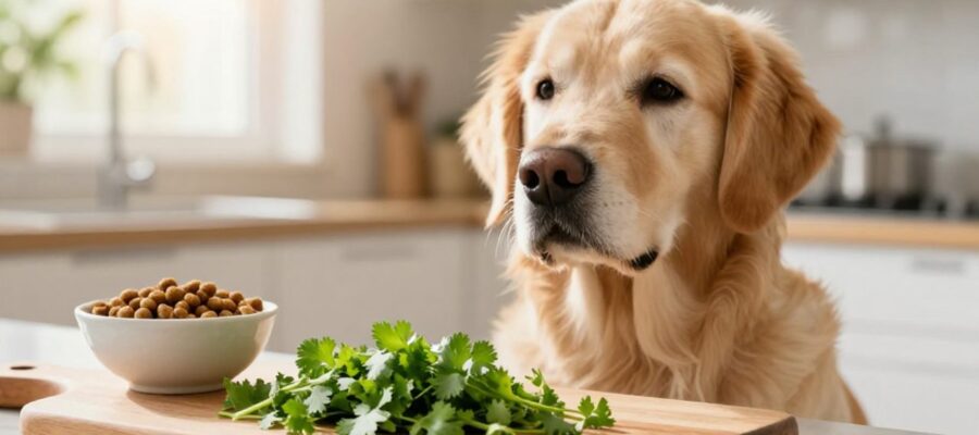 Un perro Golden Retriever observa con curiosidad un poco de cilantro picado junto a su comida sobre una tabla de madera en una cocina luminosa.