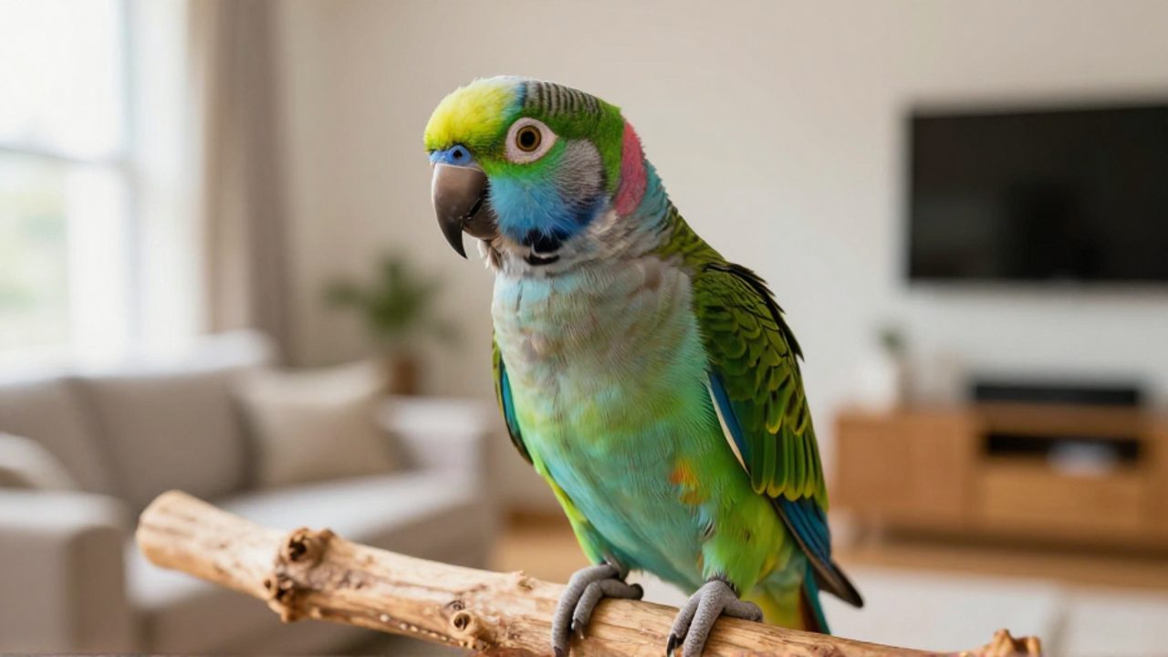 Loro de colores vibrantes posado en una rama de madera con una expresión curiosa en un entorno doméstico luminoso.