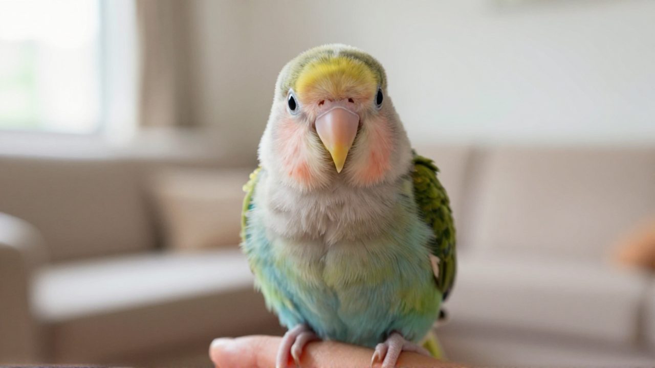 Un pequeño loro bebé de plumaje suave posado sobre el dedo de una persona en un entorno cálido y luminoso.
