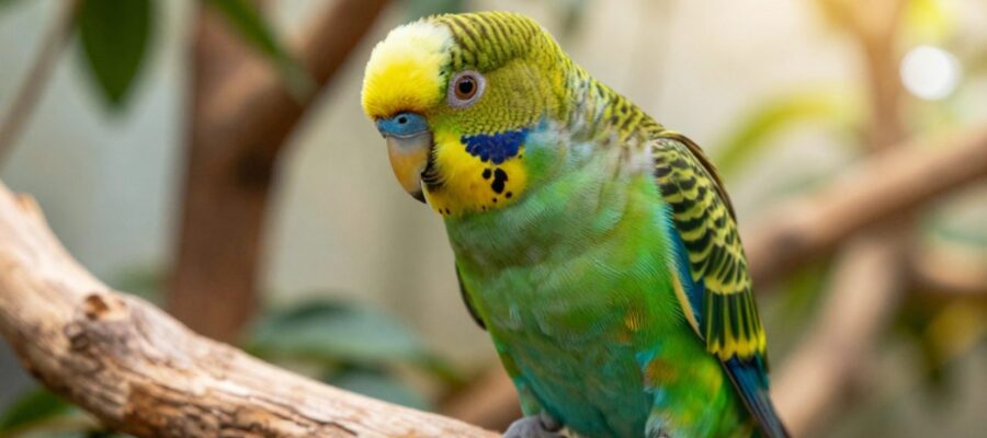 Primer plano de un loro de colores verde, azul y amarillo posado en una rama de madera con un fondo de plantas tropicales.