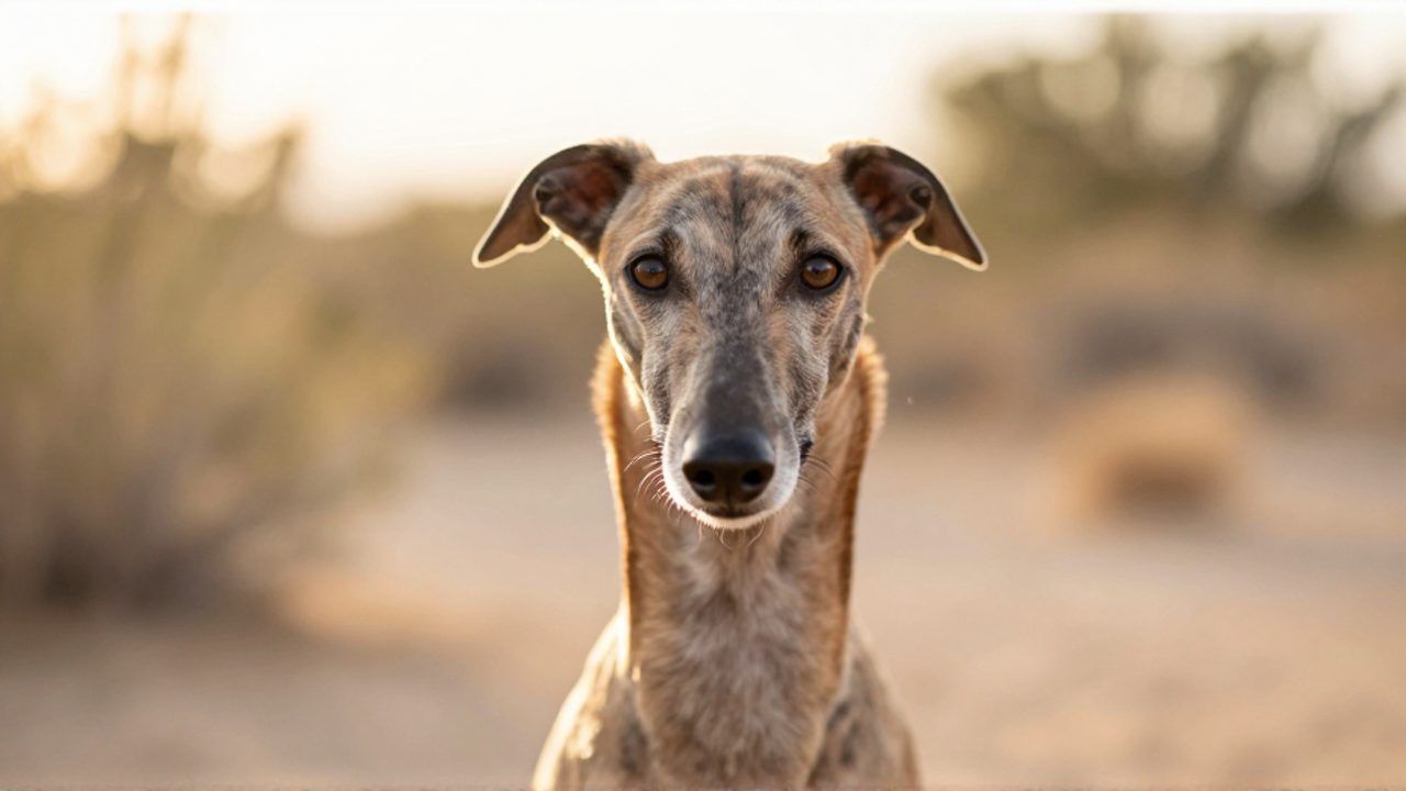 Primer plano de un perro de raza Saluki con mirada atenta en un jardín iluminado por el sol.