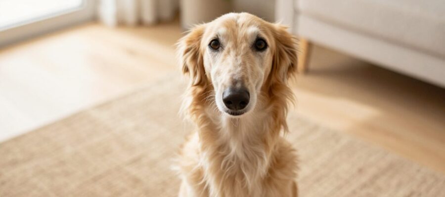 Perro de raza Saluki sentado con curiosidad sobre una alfombra en una sala iluminada por el sol.