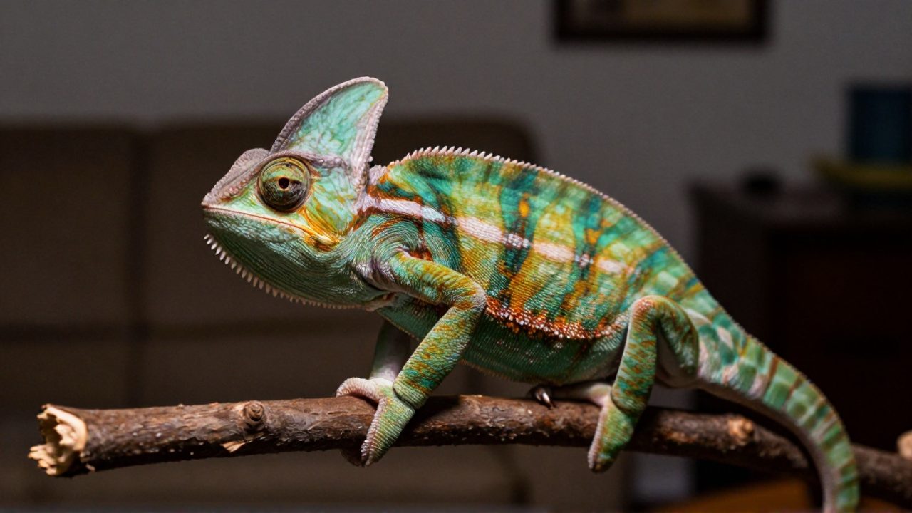 Un camaleón de colores brillantes posado sobre una rama delgada en medio de una sala de estar doméstica desenfocada.
