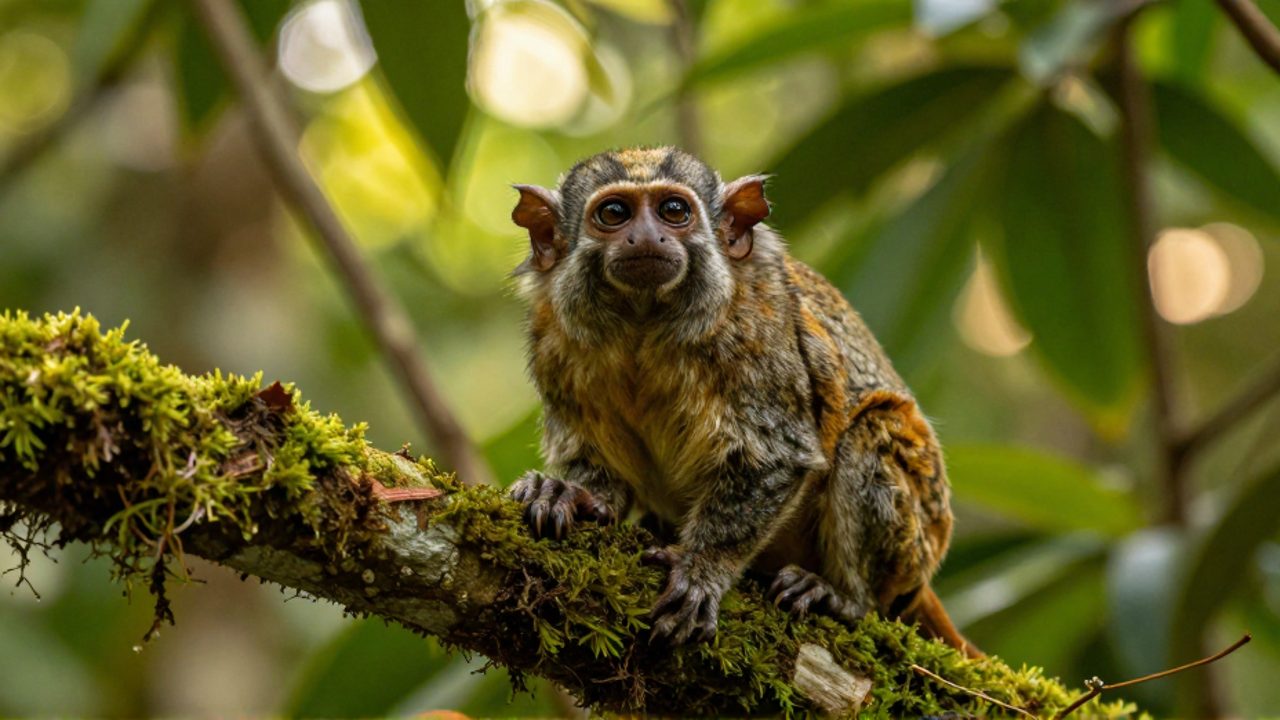 Un pequeño tití pigmeo posado sobre una rama con musgo en medio de una selva tropical.