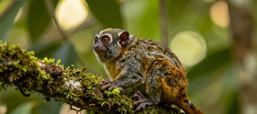 Un pequeño tití pigmeo se aferra a una rama cubierta de musgo en medio de una selva tropical.