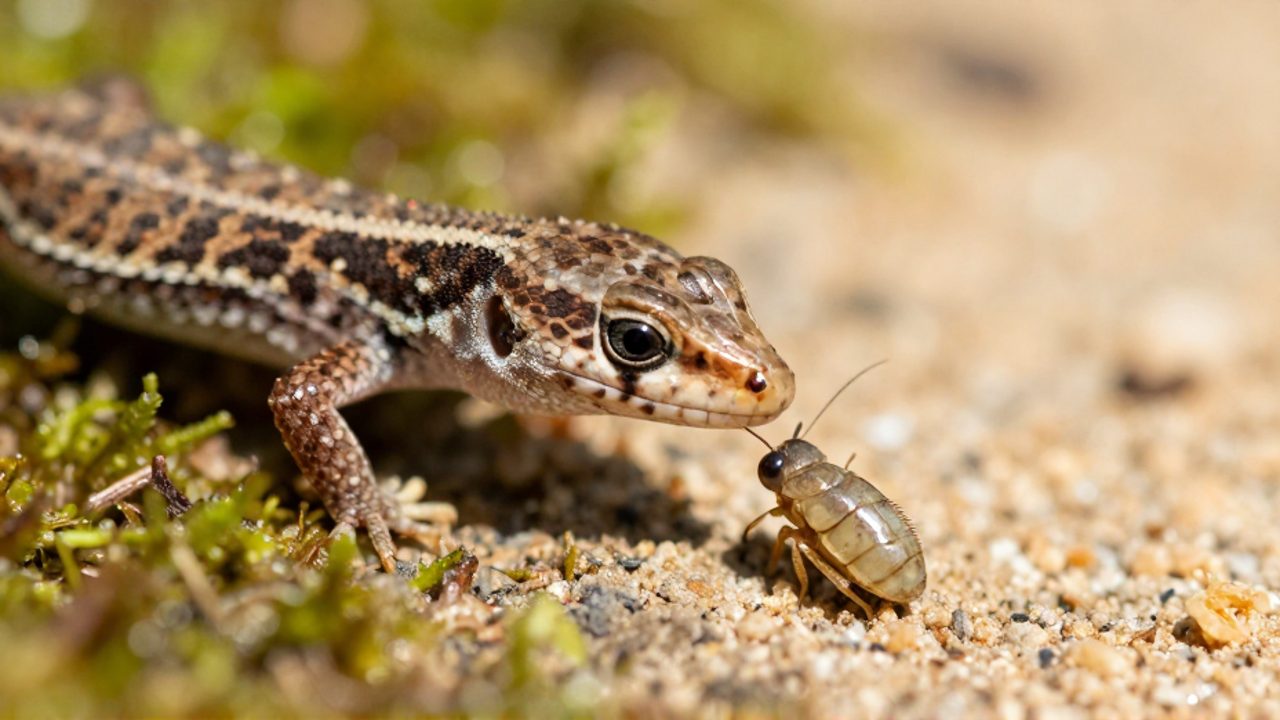 Una pequeña lagartija juvenil se acerca a un insecto diminuto sobre un sustrato de musgo y arena.