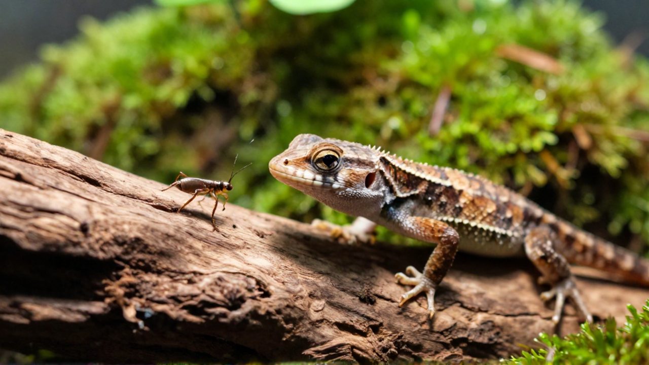 Una pequeña lagartija bebé observa atentamente a un grillo que se mueve sobre un tronco en un terrario con musgo.