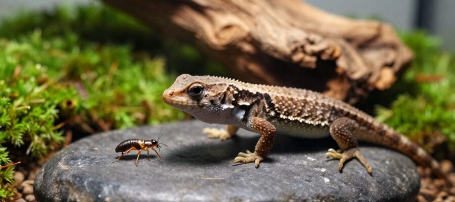 Una pequeña lagartija juvenil sobre una piedra en su terrario, observando un pequeño grillo vivo frente a ella.