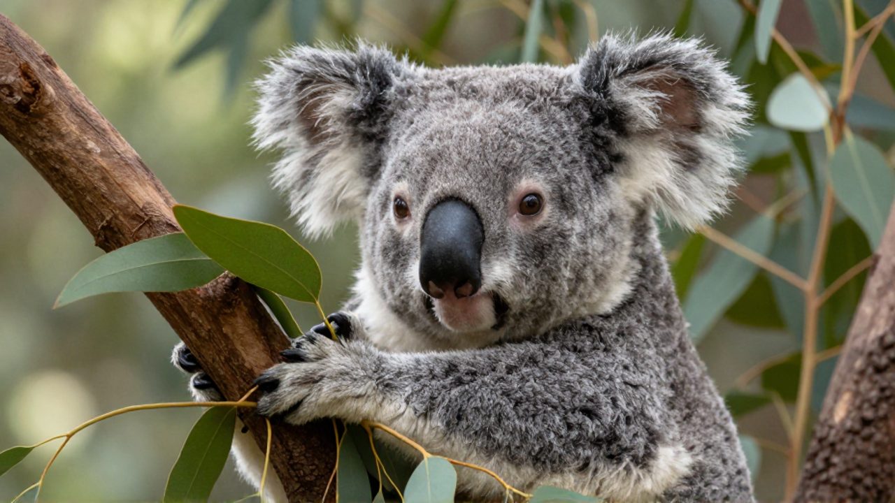 Un koala de pelaje gris se aferra a una rama mientras sujeta un grupo de hojas de eucalipto con sus patas.