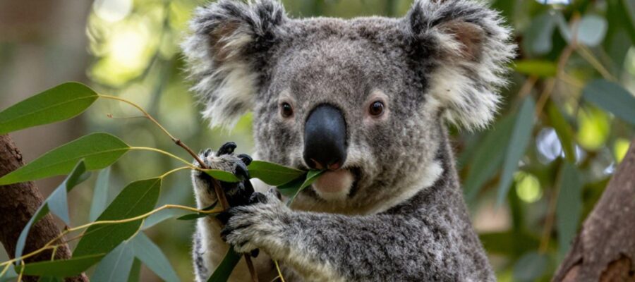 Un koala sostiene una rama con sus patas para alimentarse de hojas de eucalipto en un bosque iluminado por el sol.