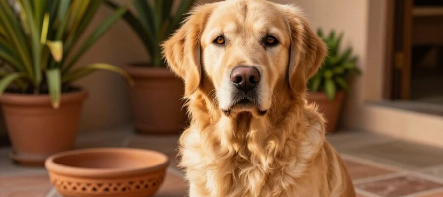 Un perro Golden Retriever sentado con expresión tranquila en un patio soleado junto a un cuenco de barro artesanal.