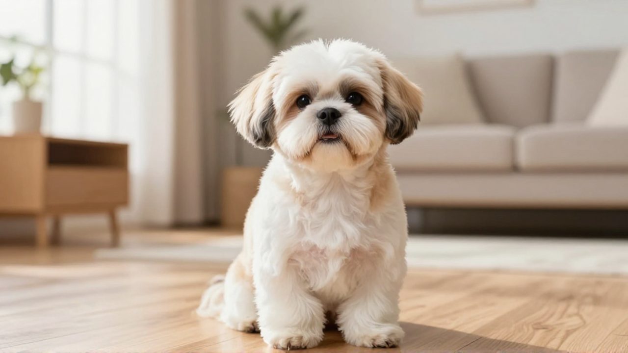 Un perro Shih Tzu con corte de cachorro muestra su pelaje corto y uniforme mientras está sentado en una sala luminosa.