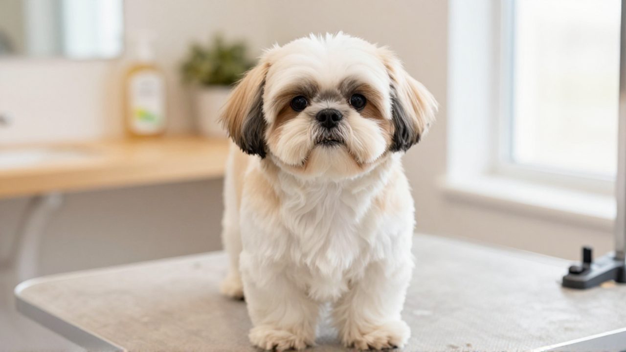 Un Shih Tzu con corte de cachorro bien arreglado sentado sobre una mesa de peluquería profesional.