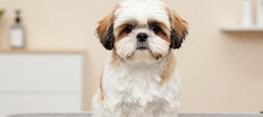 Un perro Shih Tzu con corte de cachorro bien cuidado y pelo corto, sentado sobre una superficie gris suave.
