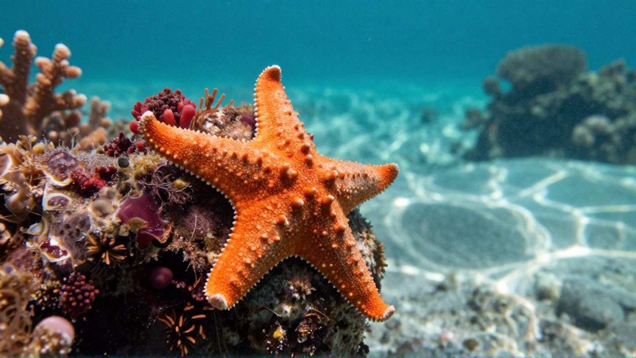 Estrella de mar naranja sujetándose a una roca rugosa en un arrecife de coral con aguas cristalinas.