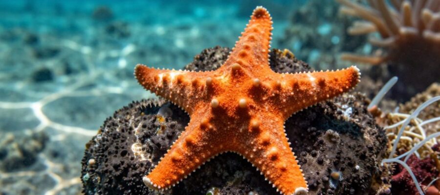 Estrella de mar de color naranja brillante adherida a una roca volcánica en un arrecife de coral bajo aguas cristalinas.