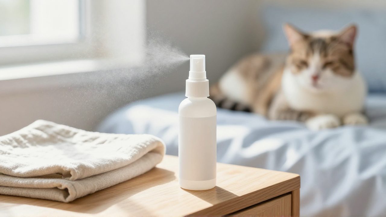 Frasco de spray antiparasitario sobre una mesita de noche junto a un gato descansando tranquilamente en la cama.