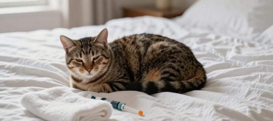 Gato atigrado descansando tranquilamente sobre una cama con sábanas blancas limpias junto a un pipete veterinario.