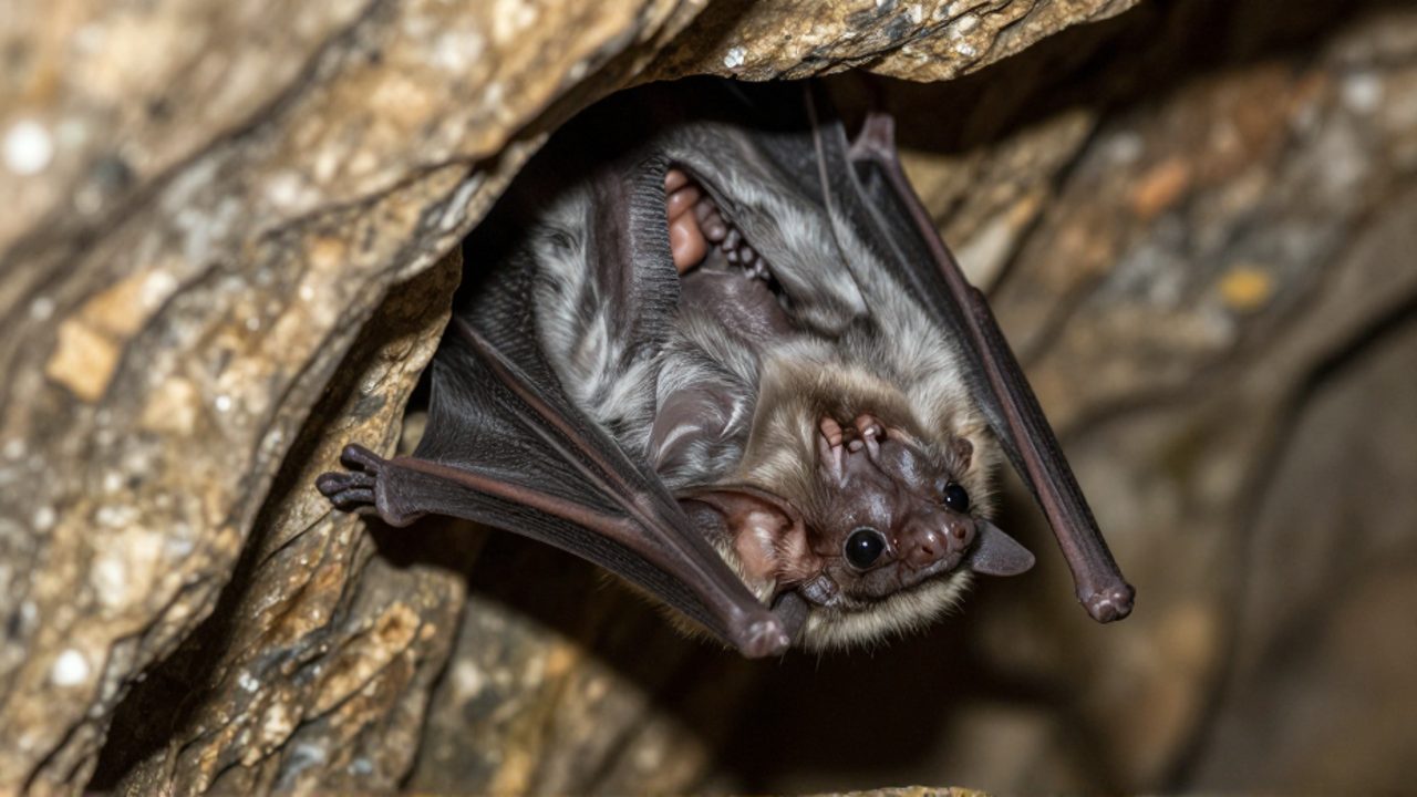 Madre murciélago amamantando a su cría recién nacida en el interior de una cueva.