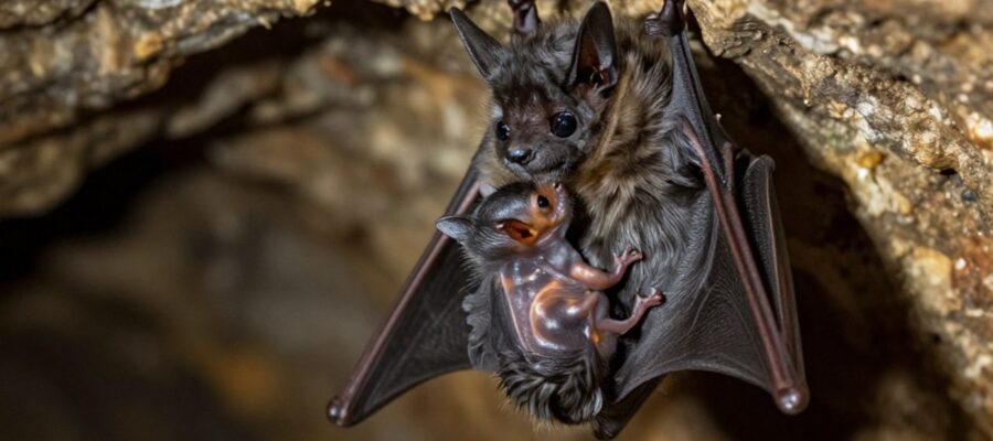 Una madre murciélago sujeta a su cría recién nacida contra su cuerpo mientras descansan en la pared de una cueva.