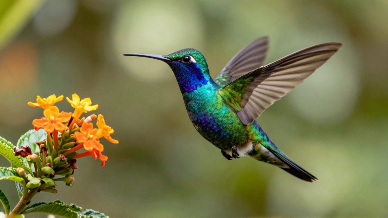 Colibrí inca de plumaje iridiscente revoloteando frente a una flor en un bosque nuboso.