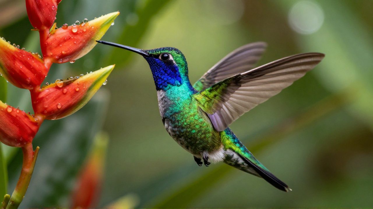 Colibrí inca de plumaje brillante revoloteando frente a una flor tropical en una selva.