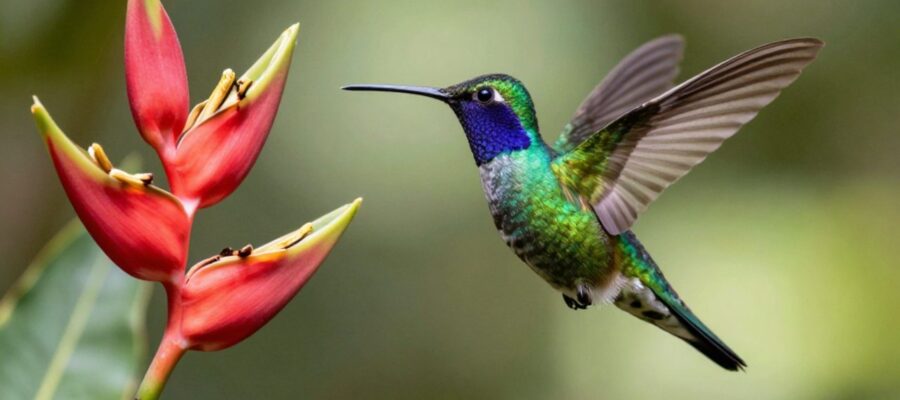 Colibrí inca de plumaje verde y violeta suspendido en el aire frente a una flor tropical en la selva.