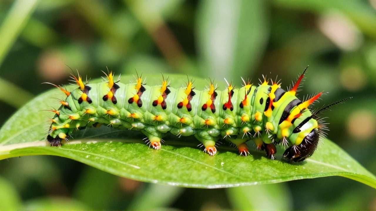 Oruga de colores brillantes con espinas venenosas posada sobre una hoja verde.