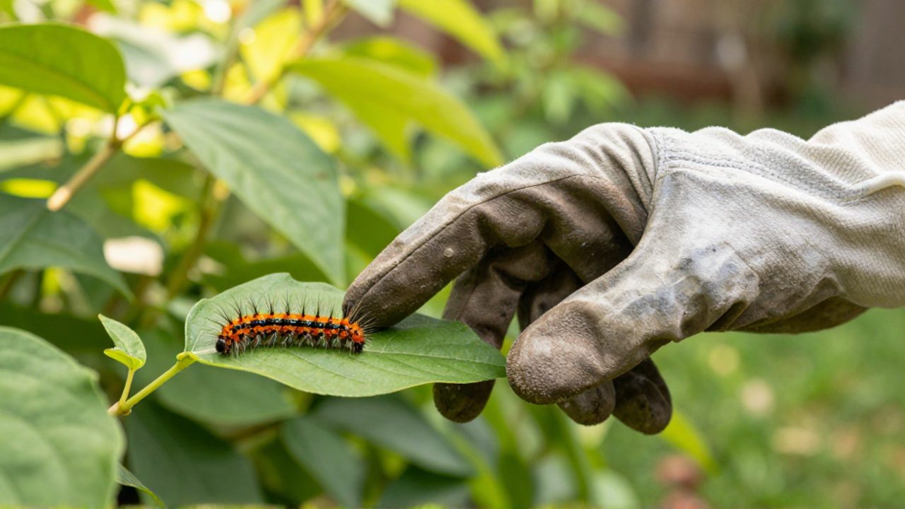 Una mano con un guante de jardinería grueso se acerca con precaución a una hoja verde donde descansa un gusano de colores naranja y negro con pelos urticantes.