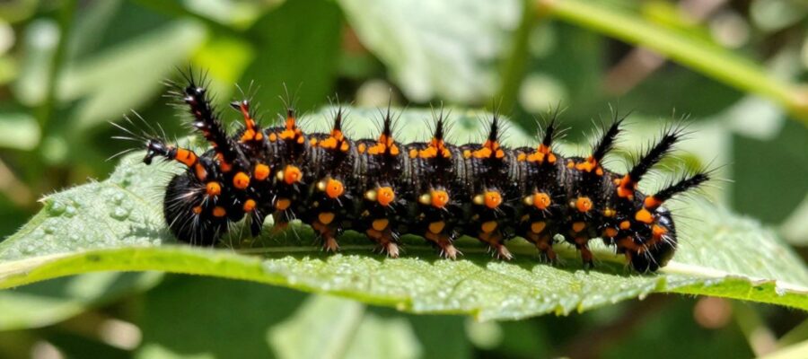 Oruga de colores naranja y negro con espinas urticantes desplazándose sobre una hoja verde en un jardín.