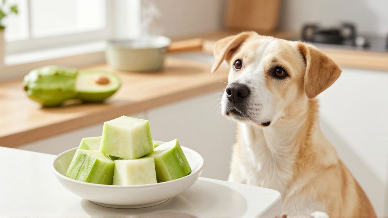 Perro sentado frente a un cuenco con cubos de chayote cocidos en una cocina luminosa.