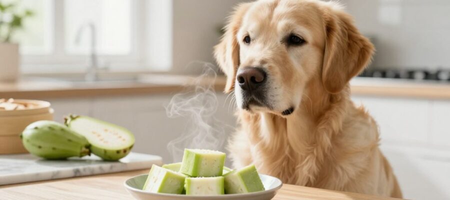 Un perro Golden Retriever sentado frente a un cuenco con trozos de chayote cocido en una cocina iluminada.