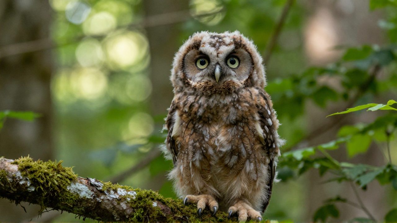 Un búho joven de plumaje suave posado sobre una rama con musgo en un entorno de bosque.