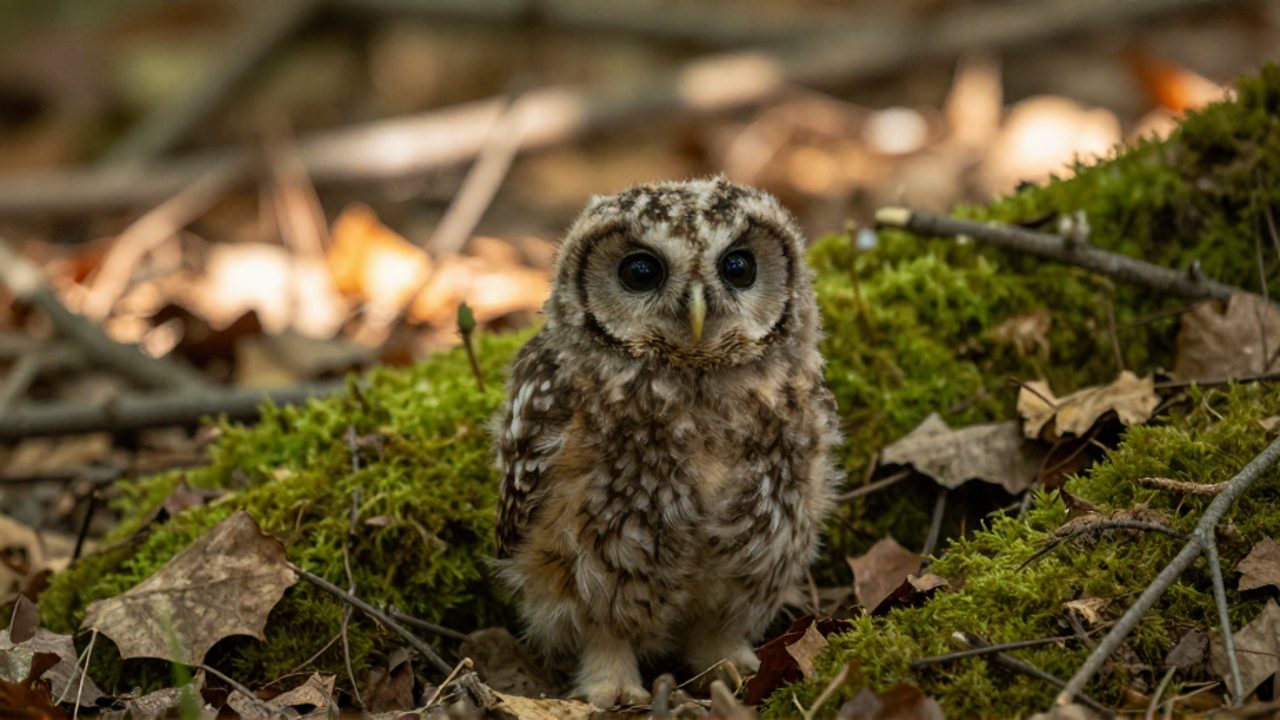 Un pequeño búho con plumaje suave y ojos grandes posado sobre musgo y hojas secas en el suelo de un bosque.