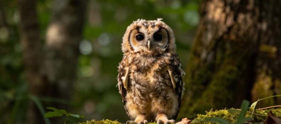 Un búho joven con plumaje moteado descansa sobre el suelo musgoso de un bosque iluminado por la luz solar.