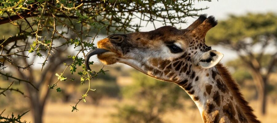 Una jirafa usa su larga lengua oscura para arrancar hojas verdes de las ramas espinosas de una acacia en la sabana.