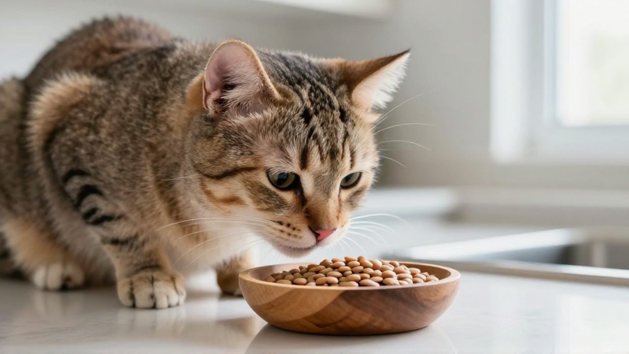 Un gato doméstico olfatea con curiosidad un pequeño cuenco de madera con lentejas cocidas sobre una encimera de cocina.