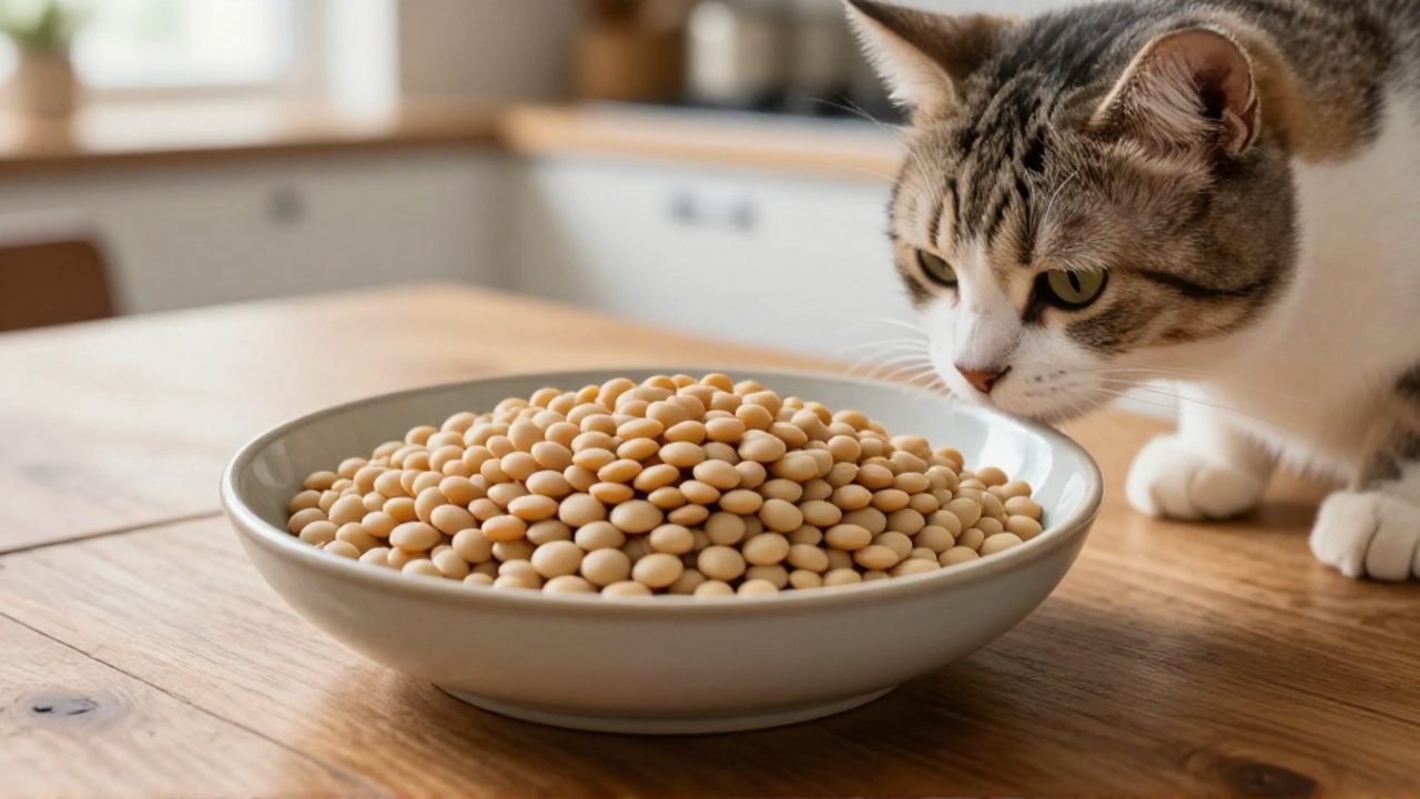 Un gato curioso olisquea un cuenco de cerámica con lentejas cocidas sobre una mesa de madera en una cocina luminosa.