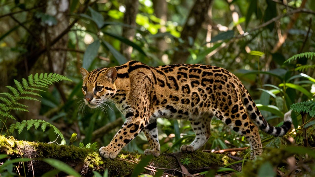 Un ocelote con pelaje moteado avanza sigilosamente entre raíces cubiertas de musgo y helechos en un bosque nuboso.