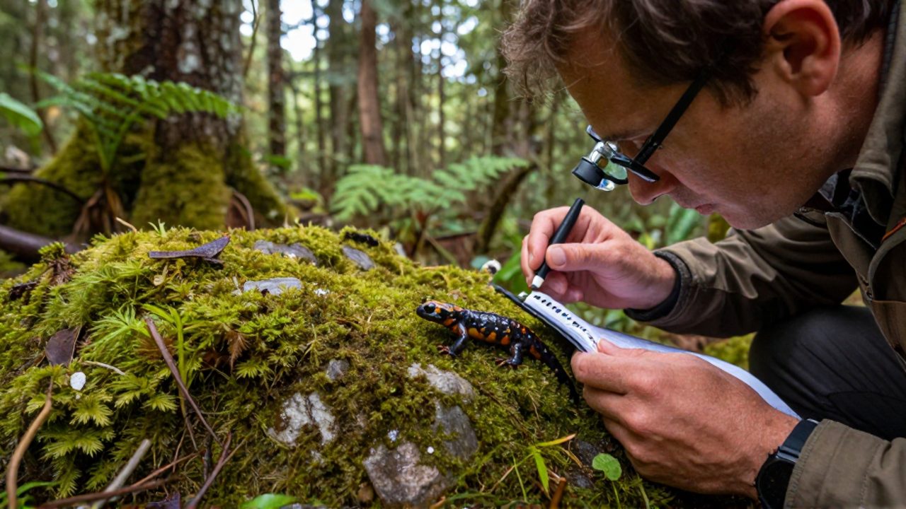 Un investigador observa de cerca una pequeña salamandra de colores sobre una roca con musgo en un bosque de pino-encino.