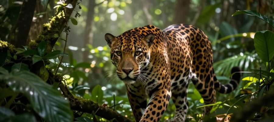 Un jaguar camina entre la espesa vegetación de un bosque nuboso en Oaxaca, destacando su mirada entre las hojas tropicales.