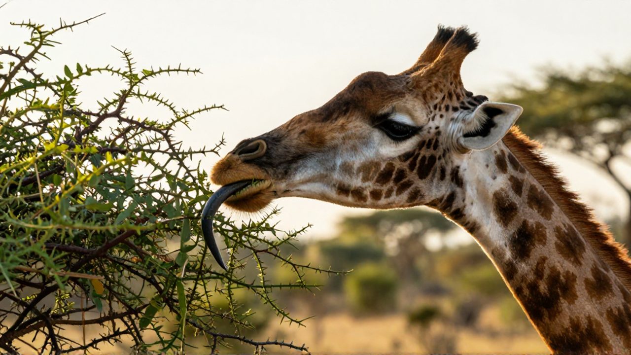 Una jirafa utiliza su lengua larga y oscura para arrancar hojas verdes de una rama de acacia en la sabana africana.
