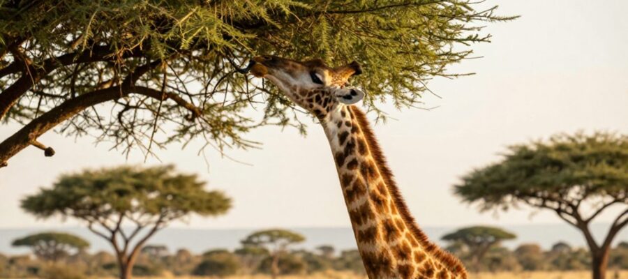 Una jirafa usa su lengua para alimentarse de las hojas de una acacia en la sabana africana.